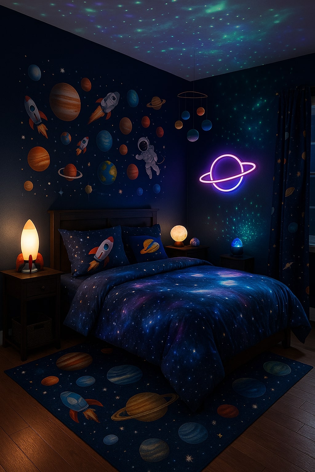 Outer space themed bedroom with galaxy bedding, rockets and planets decor